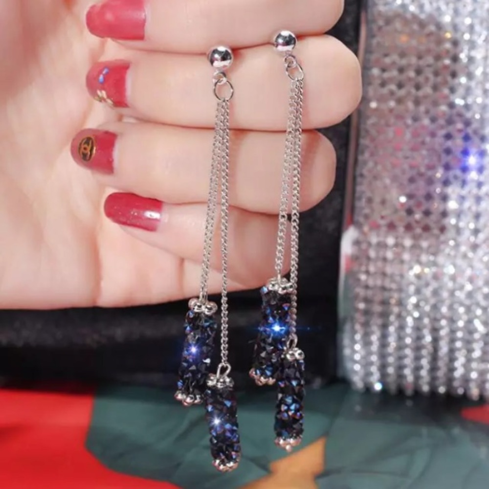 Shea Long Crystal Covered Tassel Earrings - Picture 1 of 5